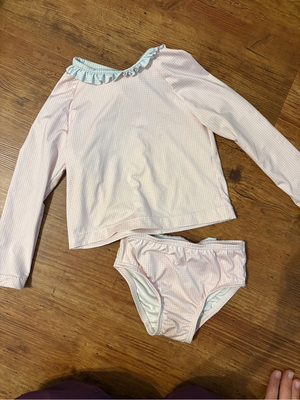 Girls Pink Gingham Long Sleeve Swim Set with Ruffle Neck